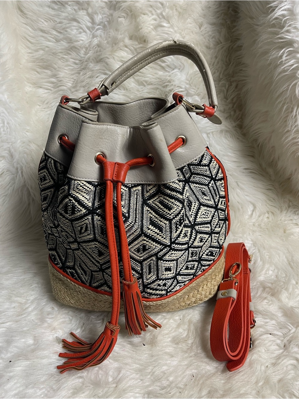 Big Buddha syntheticCream &Black Patterned Bucket Shoulder Bag with Orange Trim
